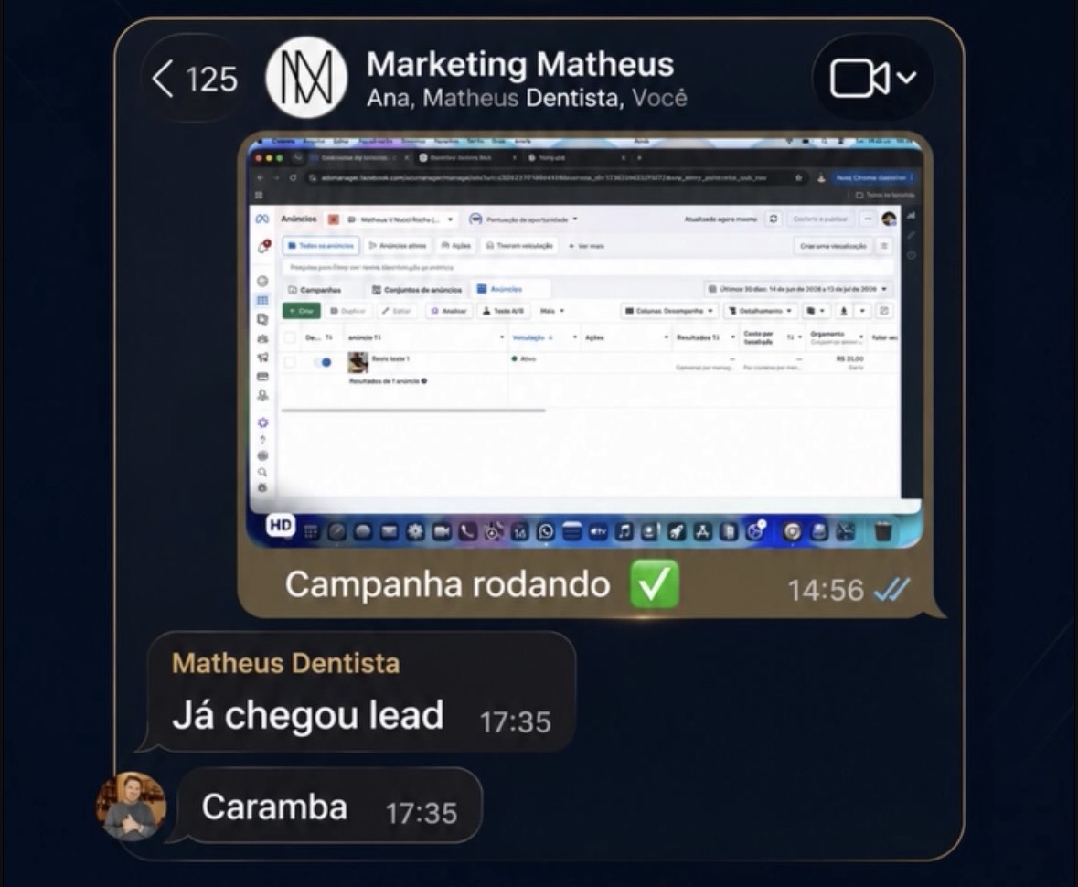 Feedback do cliente Matheus informando que o primeiro lead chegou poucas horas após o início da campanha