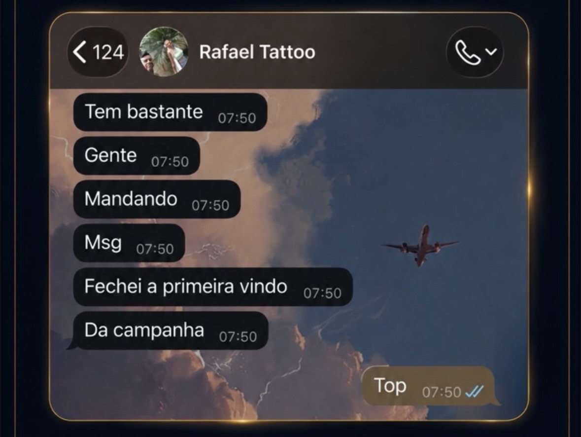 Feedback do cliente Rafael Tattoo relatando mensagens e a primeira venda vinda da campanha